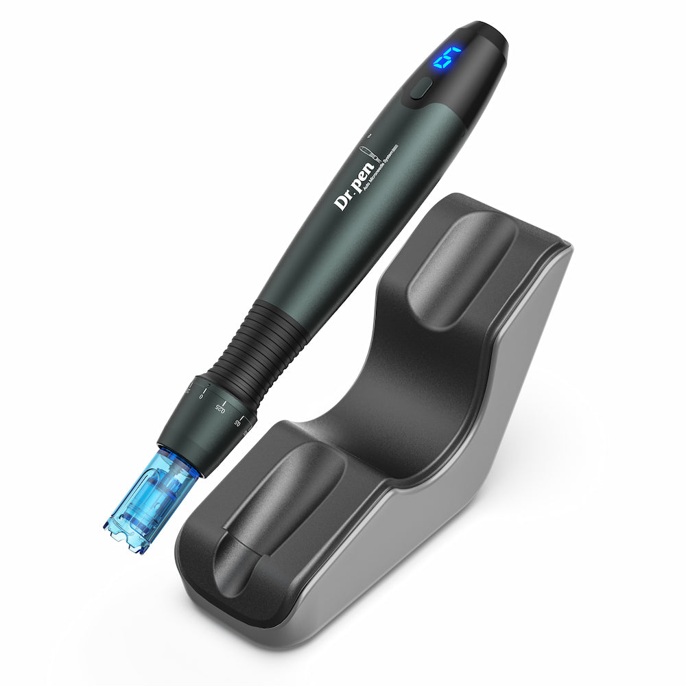 Dr. Pen A20 microneedling-pen placed in its ergonomic charging station, advanced tool for collagen stimulation and professional skin treatment at home or in the salon.