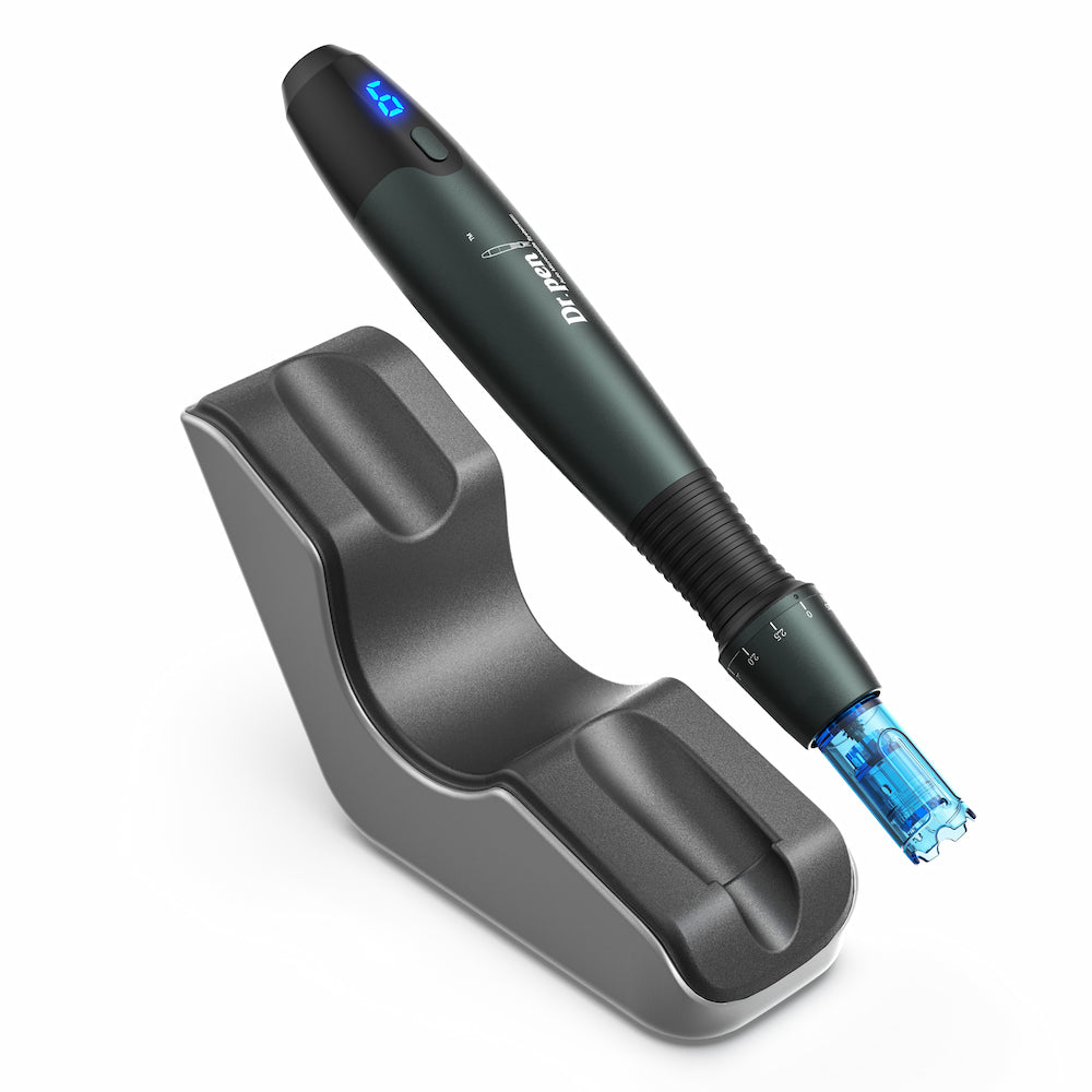 Dr. Pen A20 microneedling-pen leaning against its ergonomic charging station, advanced needle treatment for skin renewal and collagen stimulation.