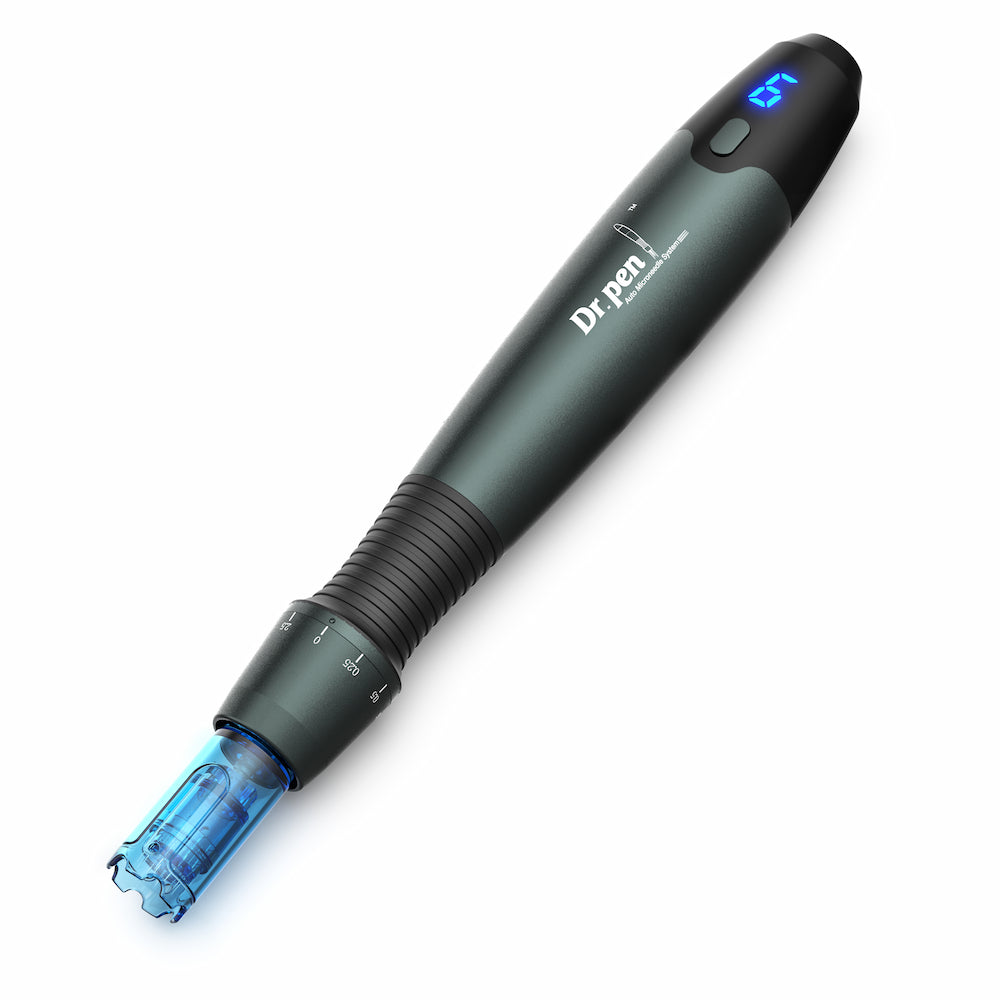 Dr. Pen A20 microneedling-pen with blue needle head, digital display, and adjustable needle depth for advanced skin rejuvenation and collagen stimulation.