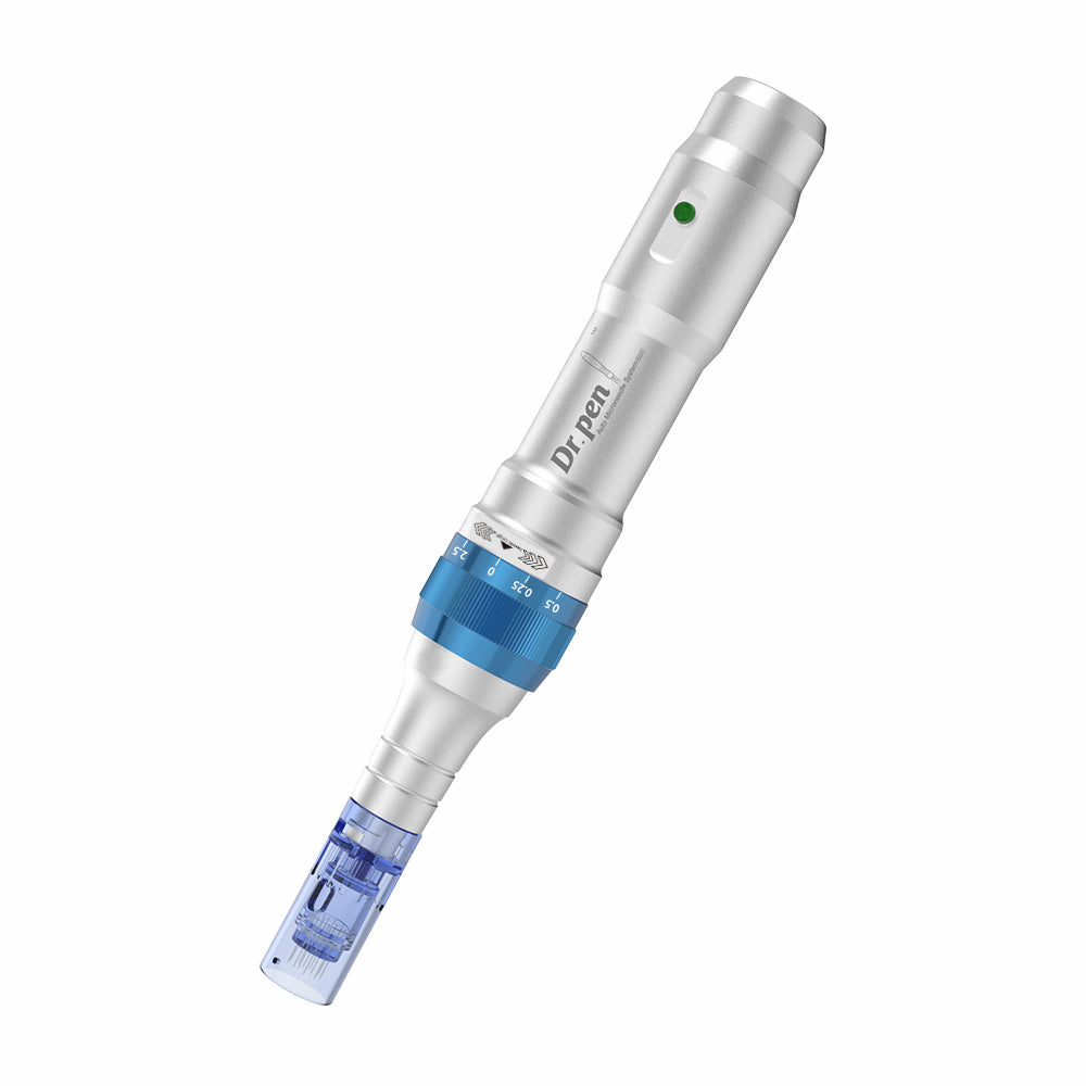 Dr. Pen A6 microneedling pen in silver with blue needle cartridge and adjustable needle depth for professional skin treatment.