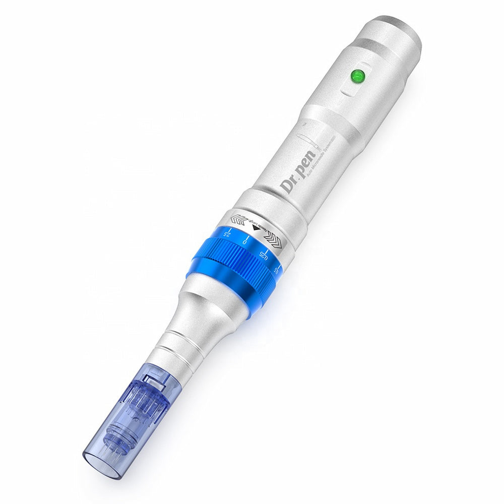 Dr. Pen A6 microneedling pen in silver with blue needle cartridge and adjustable needle depth for professional skin treatment.