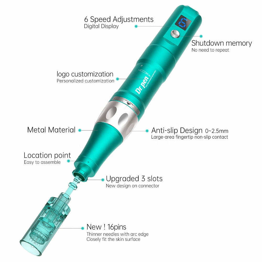 Overview image of Dr. Pen A6S showing six speed levels, metal body, anti-slip design, memory function when turned off, logo personalization, upgraded 3-track connection, and new 16-needle head.