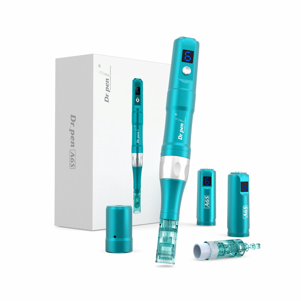 Dr. Pen A6S microneedling pen in turquoise with digital display, needle cartridges, and accessories placed in front of the original packaging as a complete treatment kit.