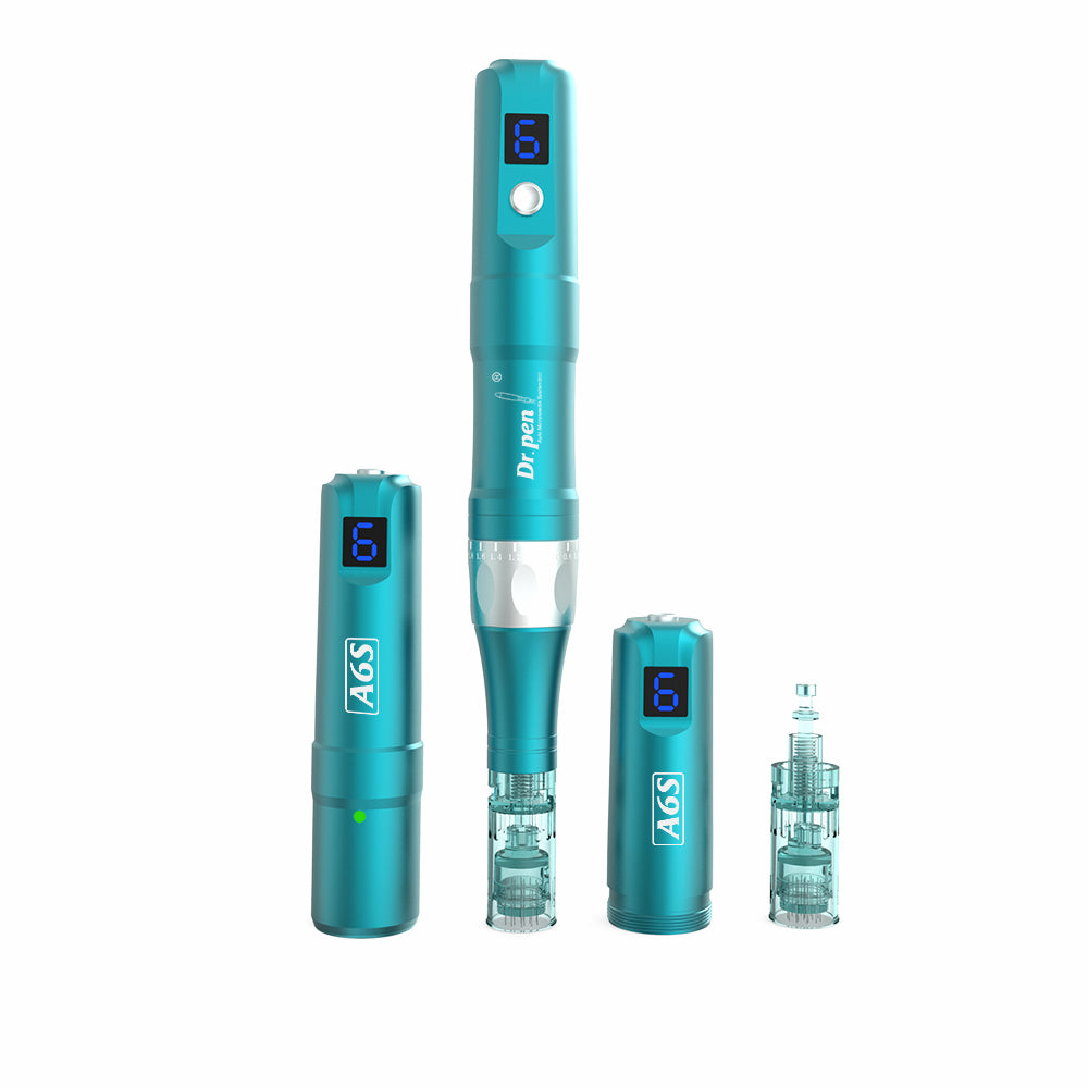 Dr. Pen A6S microneedling pen in turquoise with digital display, detachable battery parts, and needle heads set up as a complete kit for professional skin treatment.
