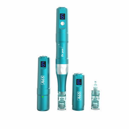 Dr. Pen A6S microneedling pen in turquoise with digital display, detachable battery parts, and needle heads set up as a complete kit for professional skin treatment.