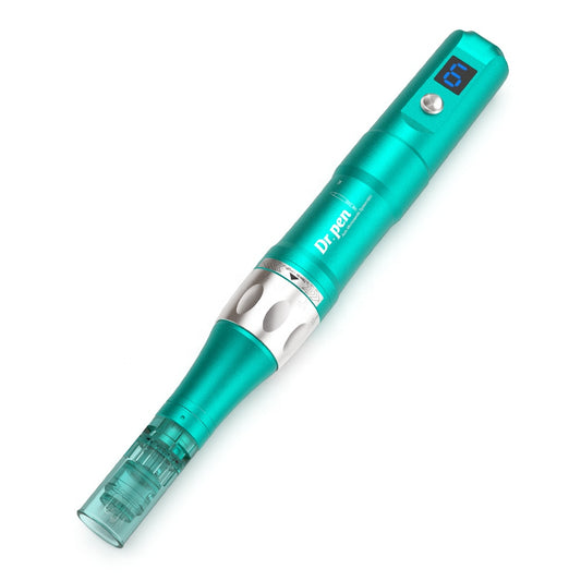Dr. Pen A6S microneedling pen in turquoise color with digital display and mounted needle head for professional skin treatment.