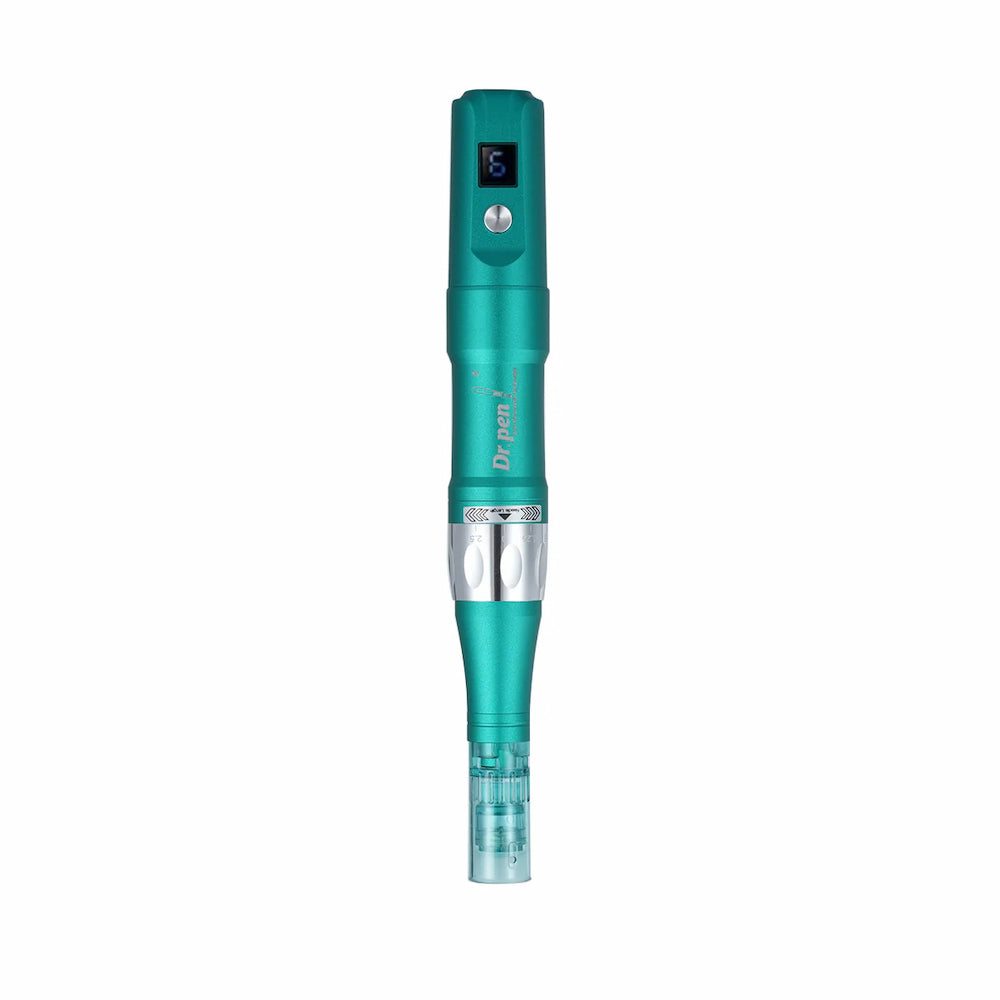 Dr. Pen A6S microneedling pen in turquoise color seen straight from the front with blue needle cartridge and digital display for professional skin treatment.