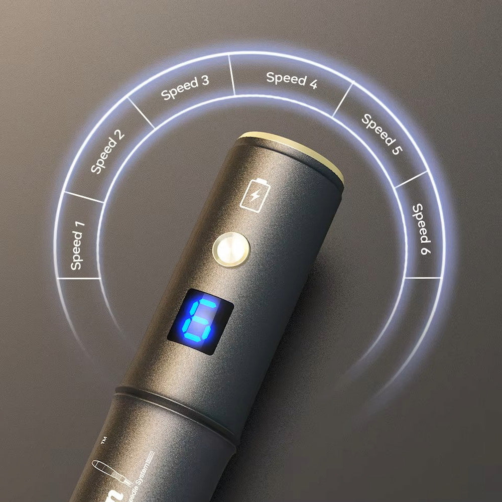 Dr. Pen A8S microneedling pen showing six speed levels with digital display for precise and customized skin treatment.