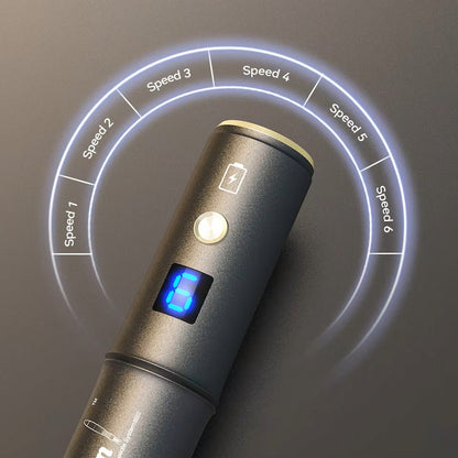 Dr. Pen A8S microneedling pen showing six speed levels with digital display for precise and customized skin treatment.
