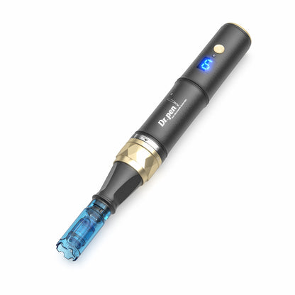 Dr. Pen A8S microneedling dermapen in black and gold with blue digital display and mounted needle head for advanced skin treatment.