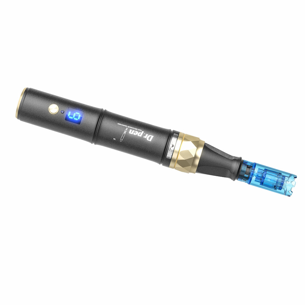 Dr. Pen A8S microneedling pen in black and gold with blue digital display and mounted needle head for professional skin treatment.