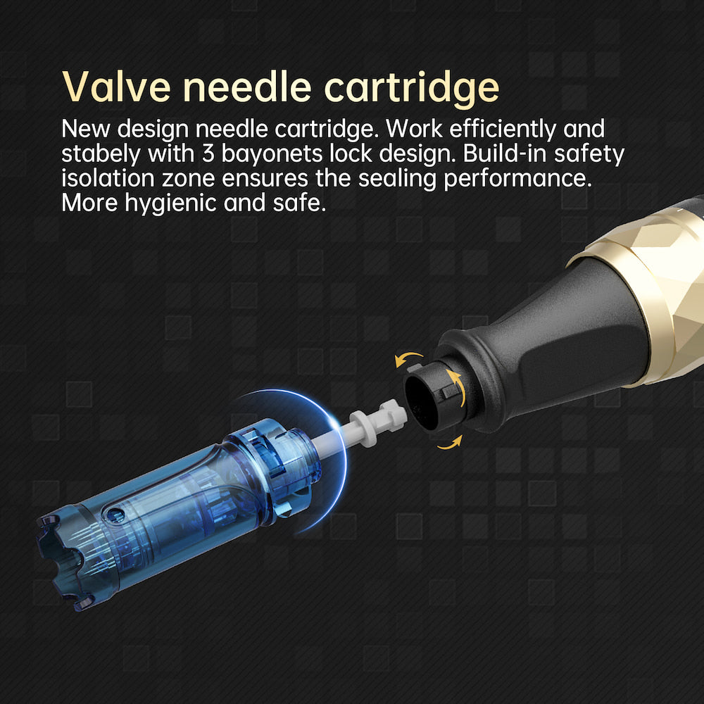 Dr. Pen A8S needle cartridge with valve design and triple lock showing secure assembly and hygienic use in microneedling.