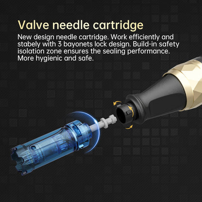 Dr. Pen A8S needle cartridge with valve design and triple lock showing secure assembly and hygienic use in microneedling.
