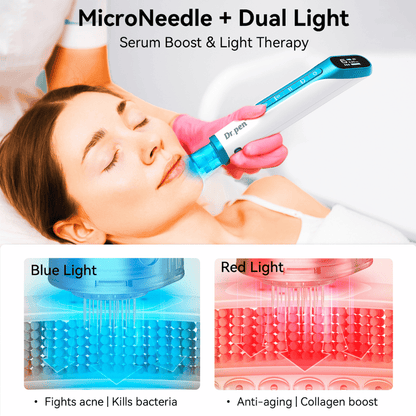 Dr. Pen H6 microneedling pen with red and blue LED light for skin treatment.