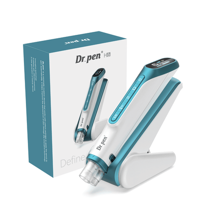 Dr. Pen H6 microneedling pen with digital display, accompanying stand, and original packaging.