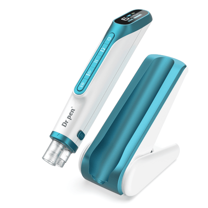 Dr. Pen H6 microneedling pen with digital display and accompanying stand.