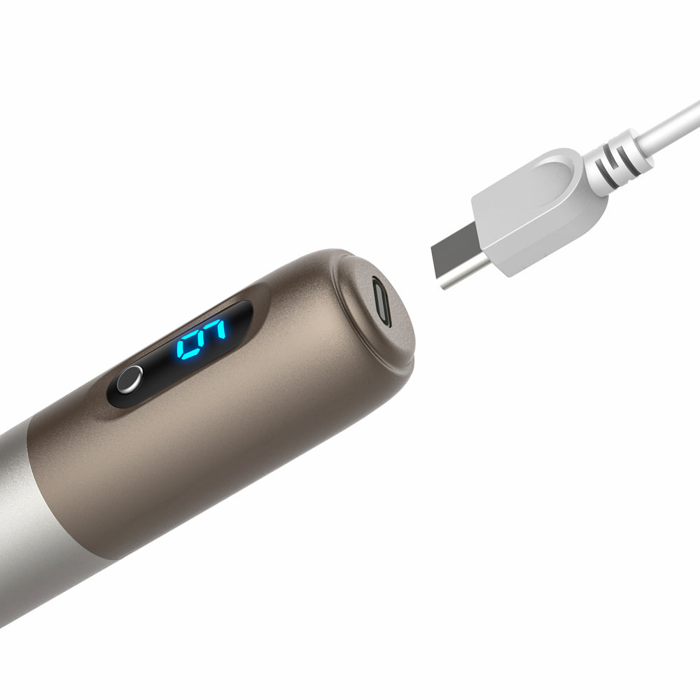 Close-up of Dr. Pen H3 microneedling pen with USB-C charging port and digital LED display, ready for quick and easy charging.
