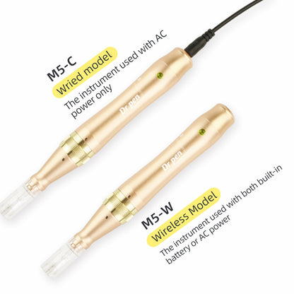 Comparison between Dr. Pen M5-C and M5-W microneedling pens. M5-C is shown as a corded model that only works with AC power, while M5-W is a wireless model that can be used with both built-in battery and AC power. Both pens are rose gold with needle modules installed.