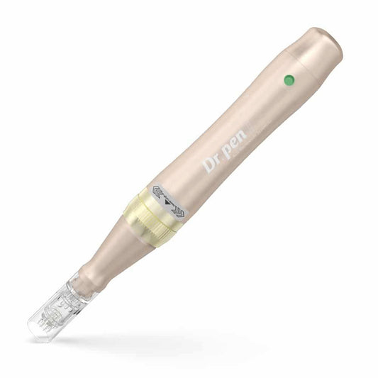 Dr. Pen M5 microneedling pen in rose gold with needle cartridge installed, professional microneedling pen for skin rejuvenation.