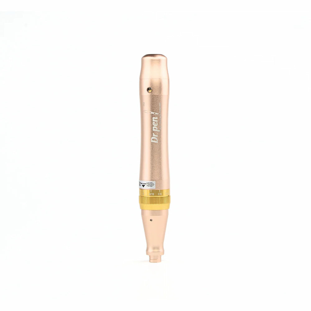 Dr. Pen M5-W microneedling pen in gold, shown from the front without needle module installed. The tool's gold screw ring and adjustment markings are clearly visible.