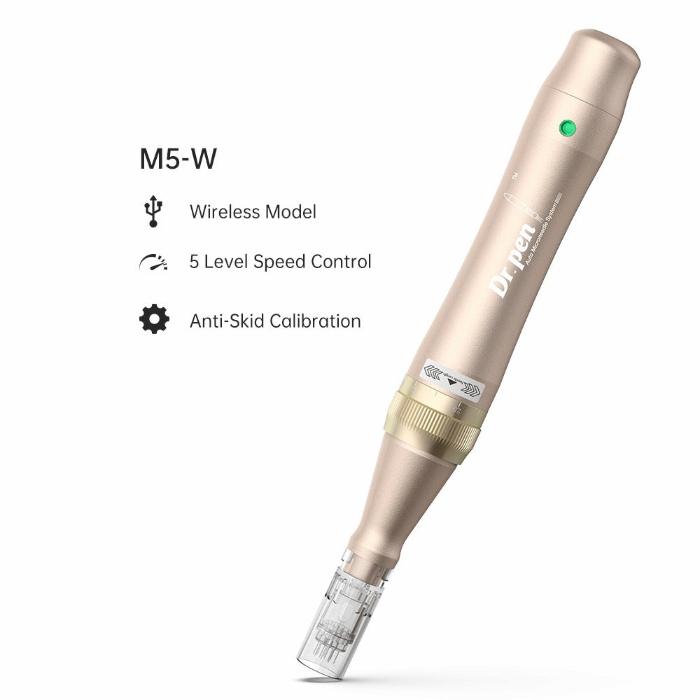 Product image of Dr. Pen M5-W wireless microneedling pen in gold with needle module installed. To the left, text with features is shown: Wireless Model, 5 Level Speed Control, and Anti-Skid Calibration.