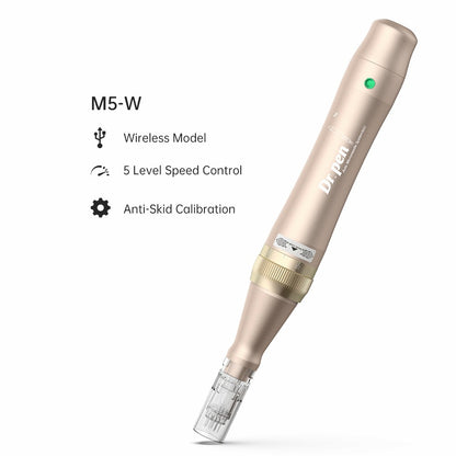 Product image of Dr. Pen M5-W wireless microneedling pen in gold with needle module installed. To the left, text with features is shown: Wireless Model, 5 Level Speed Control, and Anti-Skid Calibration.