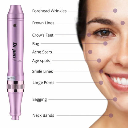 Dr. Pen M7 microneedling-pen showing common facial areas for treatment, including forehead wrinkles, lines between eyebrows, crow's feet, under-eye bags, acne scars, pigmentation spots, nasolabial lines, large pores, skin laxity, and neck lines.