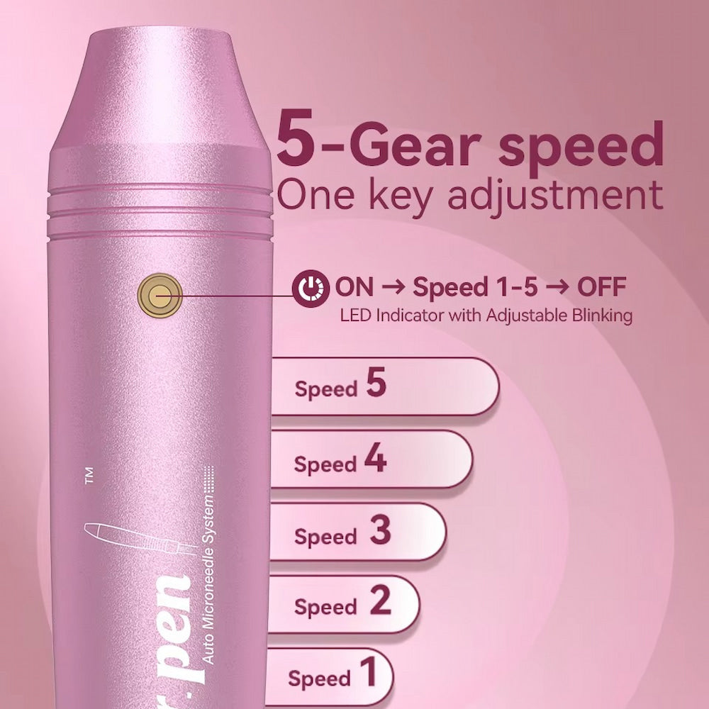 Dr. Pen M7 microneedling-pen in pink with five adjustable speeds and LED indicator for easy speed control during skin treatment.
