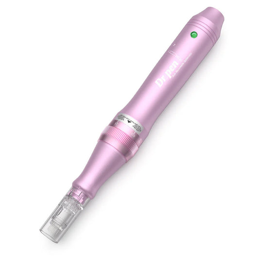 Dr. Pen M7 microneedling-pen in pink with mounted needle cartridge, professional microneedling device for skin rejuvenation.