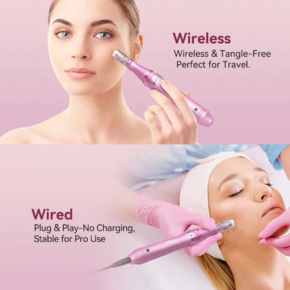 A woman uses a pink, wireless Dr. Pen M7 microneedling-pen on her skin. The text describes it as wireless, tangle-free, and perfect for travel. Lower image: A practitioner performs a facial treatment on a client with the corded version of the same pen, providing stable operation without the need for charging.