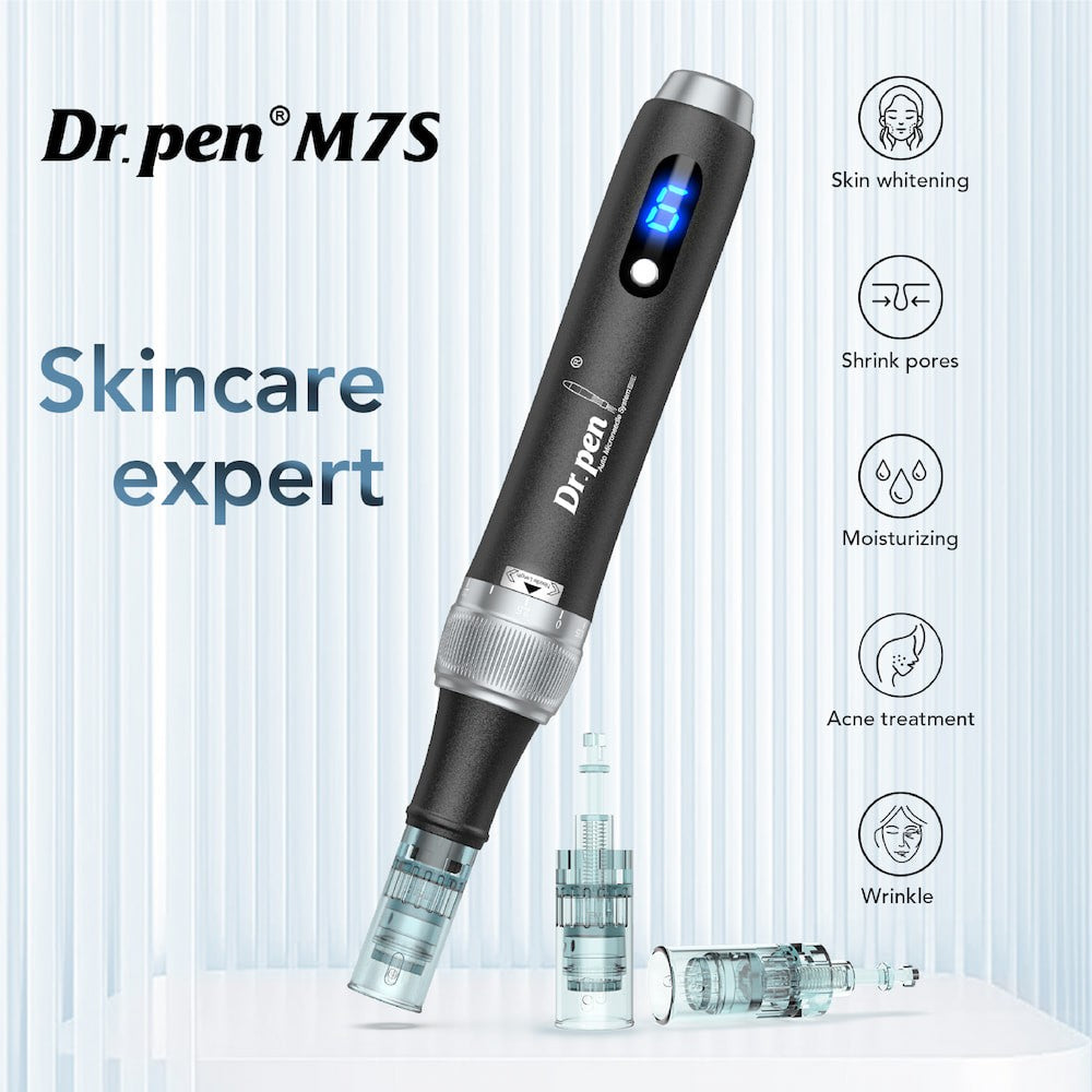 Dr. Pen M7S microneedling-pen with LED display and interchangeable needle cartridges, designed for professional skin treatment such as reduced pores, hydration, and improved skin texture.
