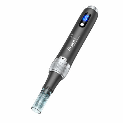 Dr. Pen M7S microneedling dermapen in black design with blue digital display and mounted needle head