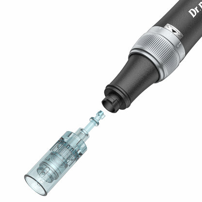 Close-up of Dr. Pen M7S microneedling dermapen with removable needle head mounted for professional skin treatment.