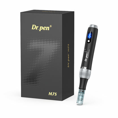 Dr. Pen M7S microneedling-pen with elegant black luxury packaging, LED display and needle cartridge for professional skin treatment.