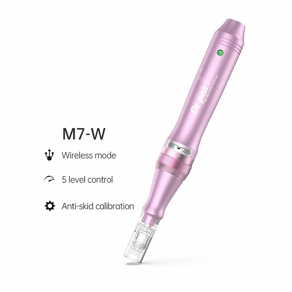 Dr. Pen M7-W wireless microneedling-pen in pink with five speed levels and anti-slip calibration for professional skin treatment.