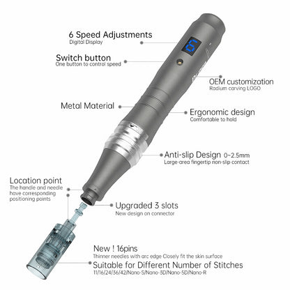 Overview image of Dr. Pen M8 with markings showing features such as 6 speed levels, ergonomic design, metal body, anti-slip grip, and upgraded needle cartridge with 3-track connection.