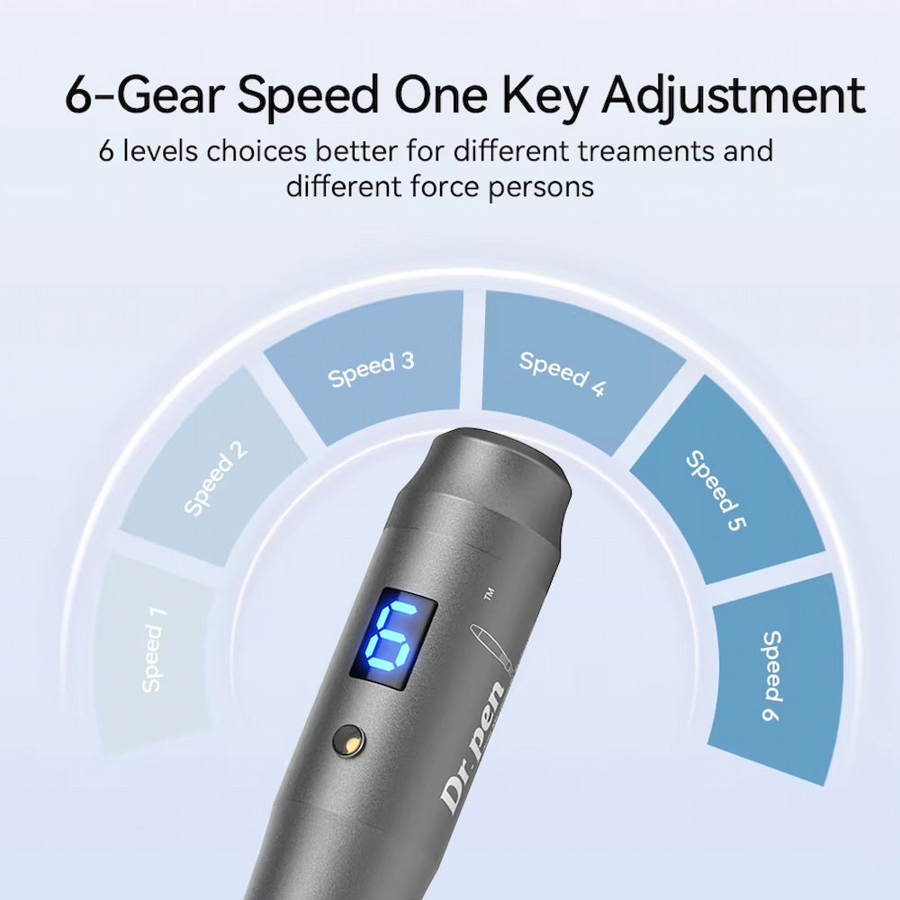 Dr. Pen M8 microneedling-pen showing six speed levels and digital adjustment with one button press.