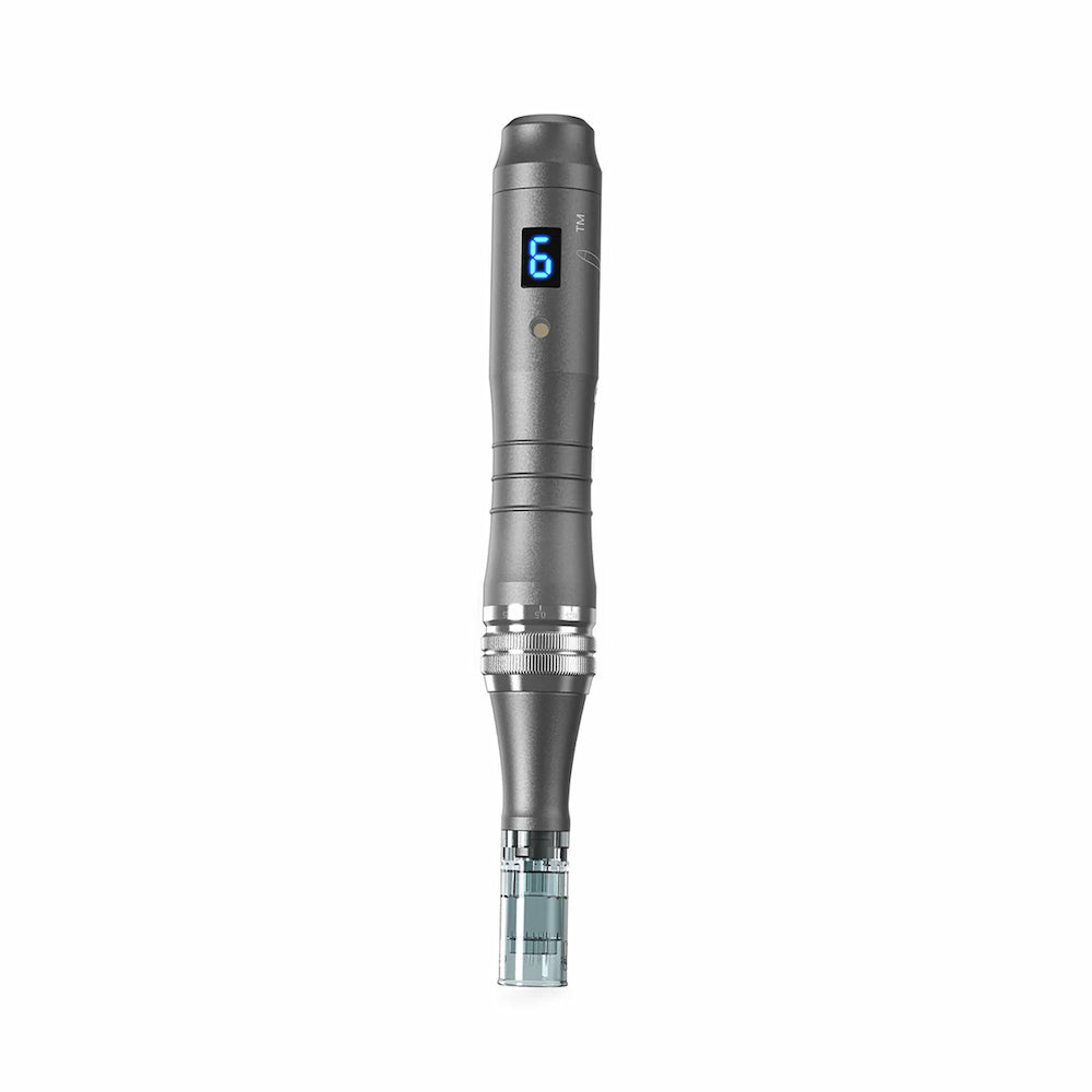 Dr. Pen M8 microneedling pen in gray color seen from the front with blue digital display and mounted needle head for professional skin treatment.