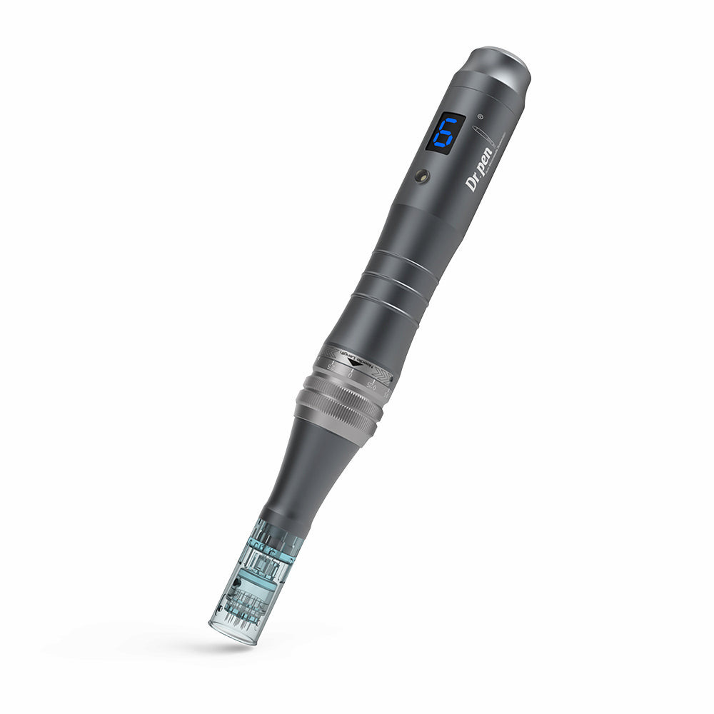 Dr. Pen M8 microneedling pen in gray finish with blue digital display and mounted needle head for professional skin treatment.