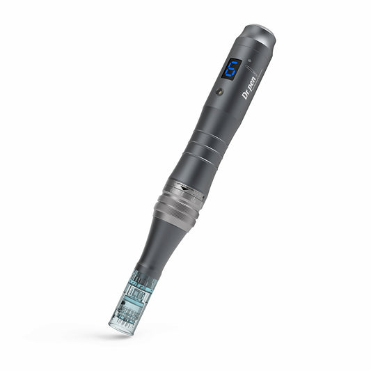 Dr. Pen M8 microneedling-pen in gray finish with blue digital display and mounted needle head for professional skin treatment.
