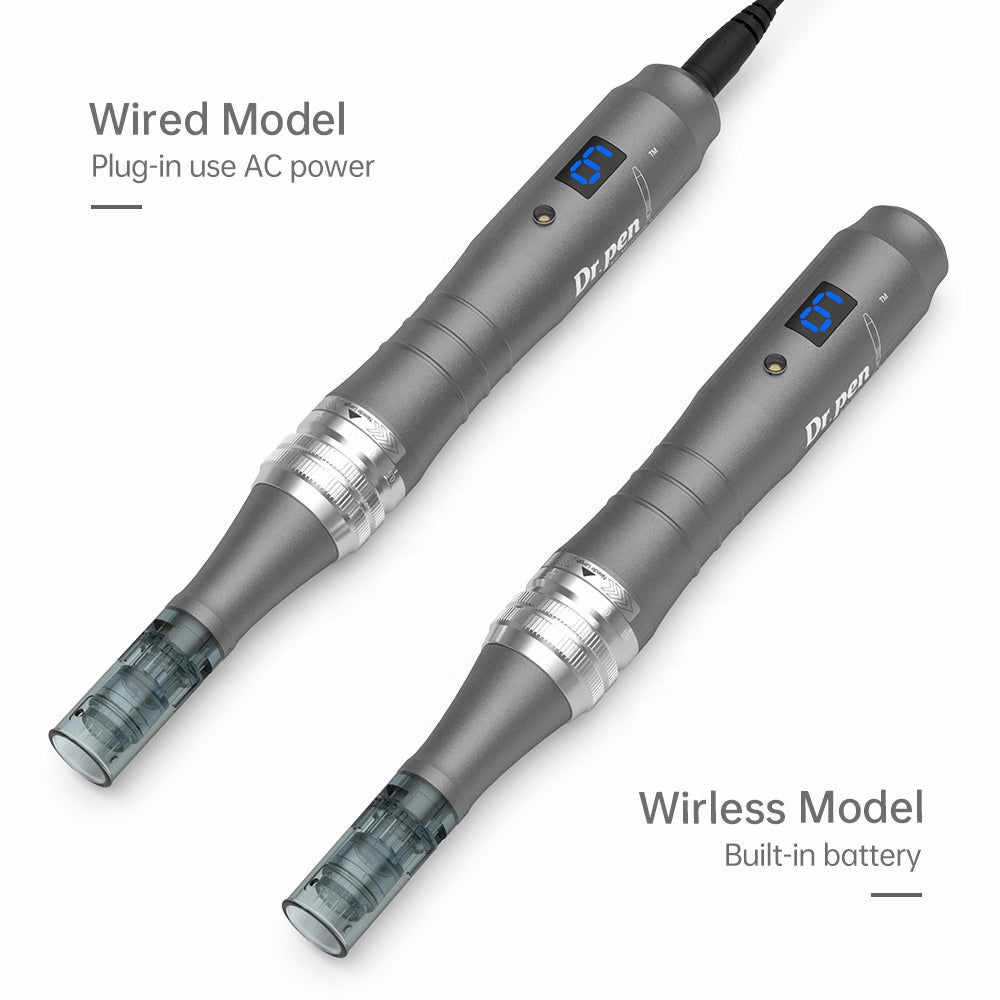 Comparison between Dr. Pen M8 wired model with cord and the wireless model with built-in battery, both with mounted needle head.