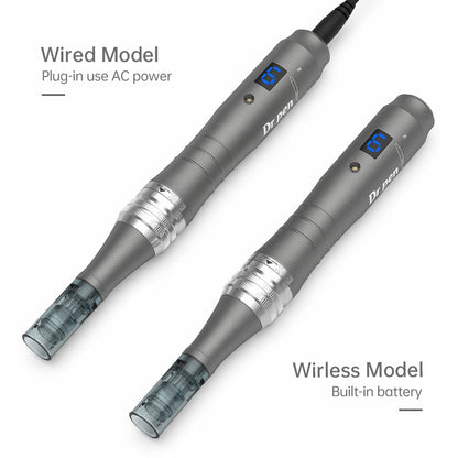 Comparison between Dr. Pen M8 wired model with cord and the wireless model with built-in battery, both with mounted needle head.