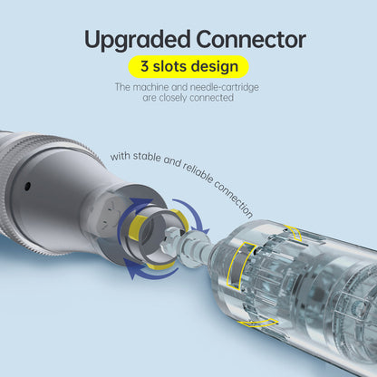 Illustration of Dr. Pen M8 with upgraded 3-track connection showing how the needle cartridge is attached stably and securely.
