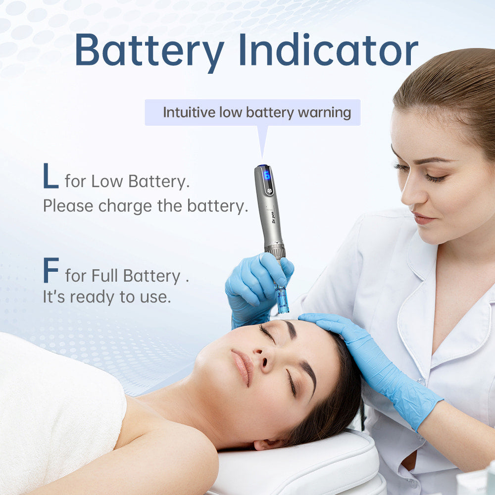 Dr. Pen M8S microneedling-pen with clear battery indicator, used by a practitioner during professional skin treatment in a clinical setting.