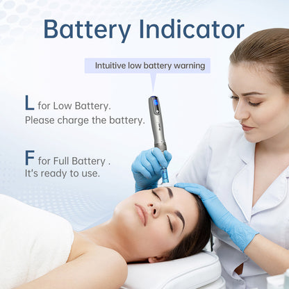 Dr. Pen M8S microneedling-pen with clear battery indicator, used by a practitioner during professional skin treatment in a clinical setting.