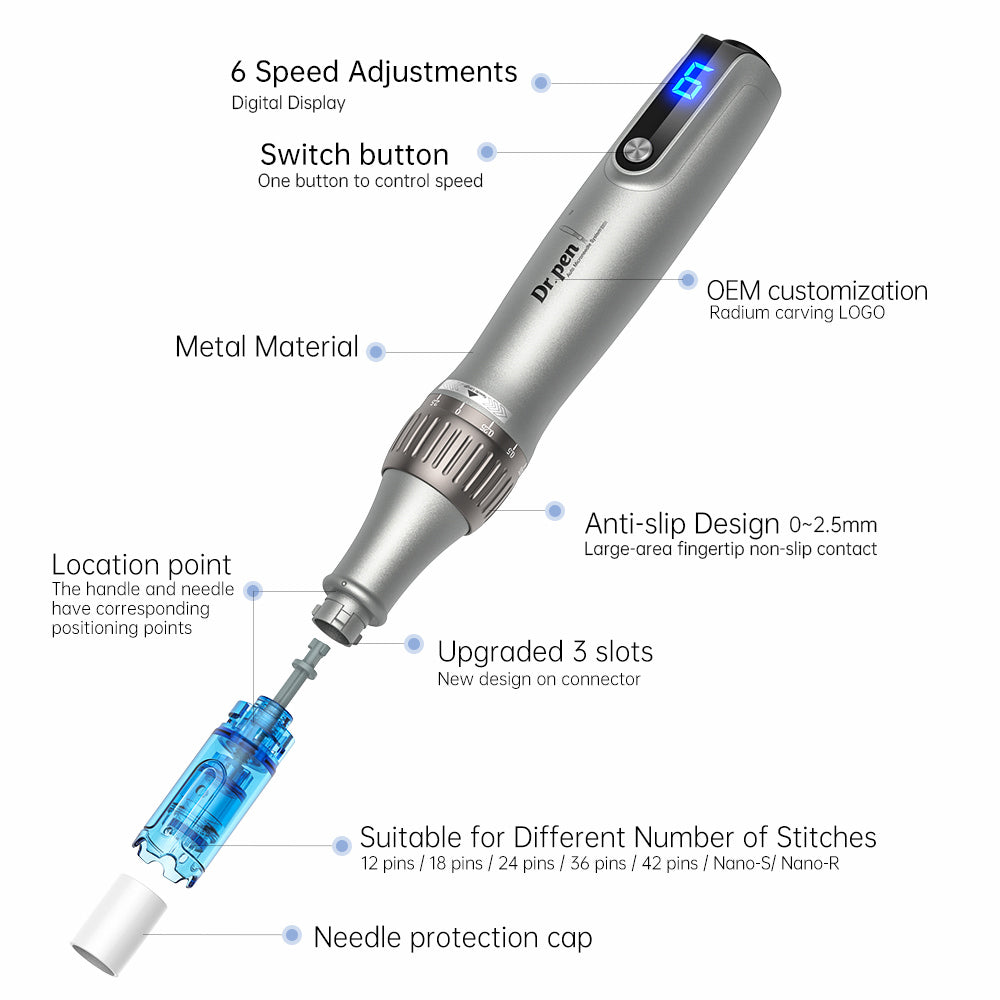 Dr. Pen microneedling-pen with digital speed display, needle module, anti-slip design, and adjustable needle depth up to 2.5 mm.