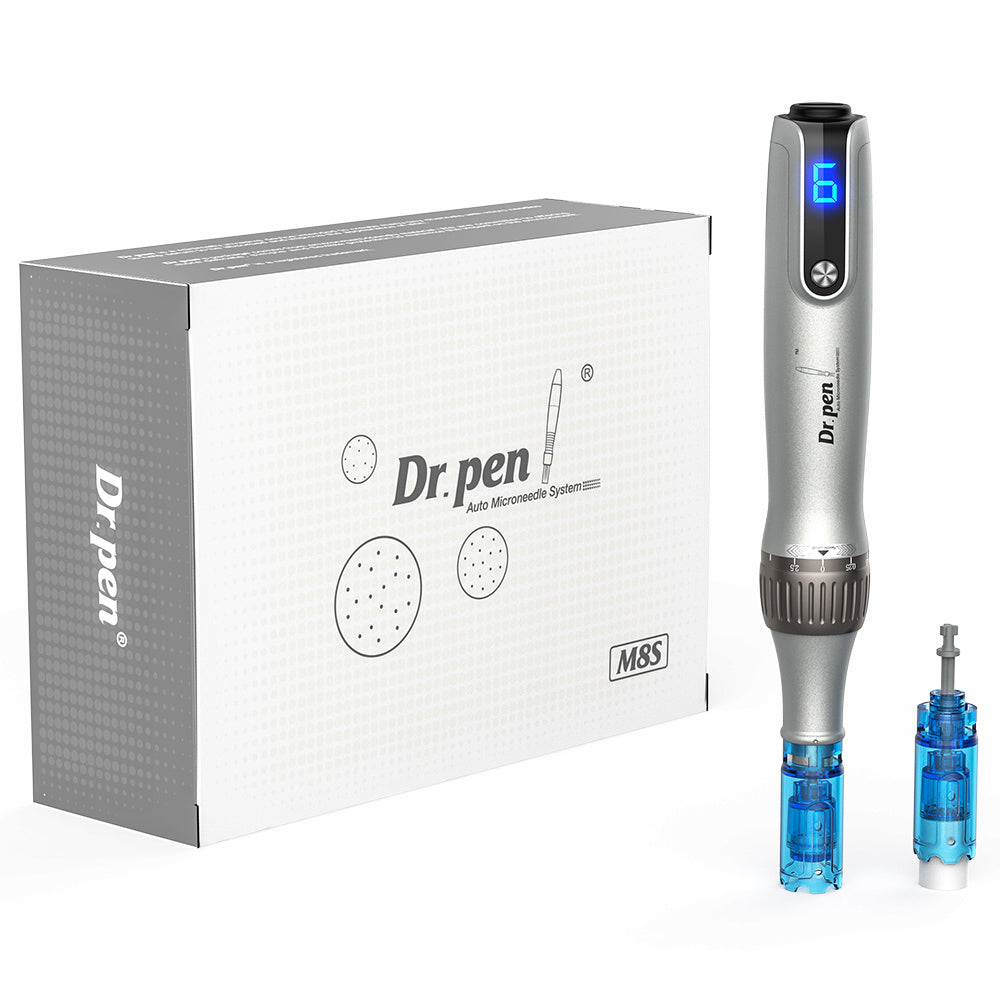 Dr. Pen M8S microneedling-pen with LED display, replaceable needle cartridges, and complete packaging – professional kit for advanced skin treatment.