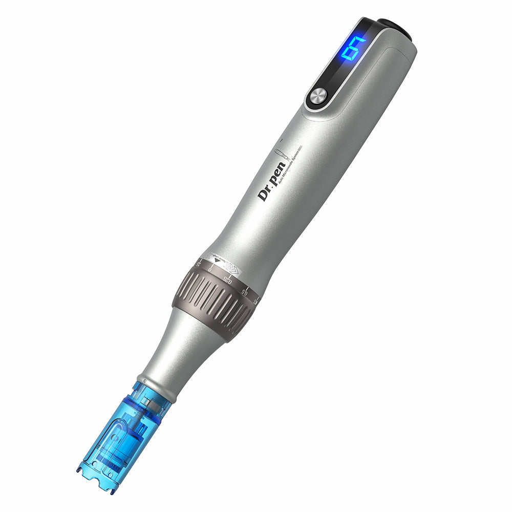 Dr. Pen M8S microneedling-pen with LED display, adjustable needle depth, and mounted needle cartridge for professional skin treatment.
