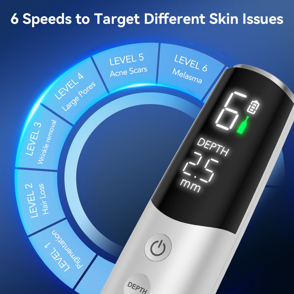Dr. Pen M9 with 6 speed levels and adjustable needle depth for microneedling for various skin concerns and skin types.