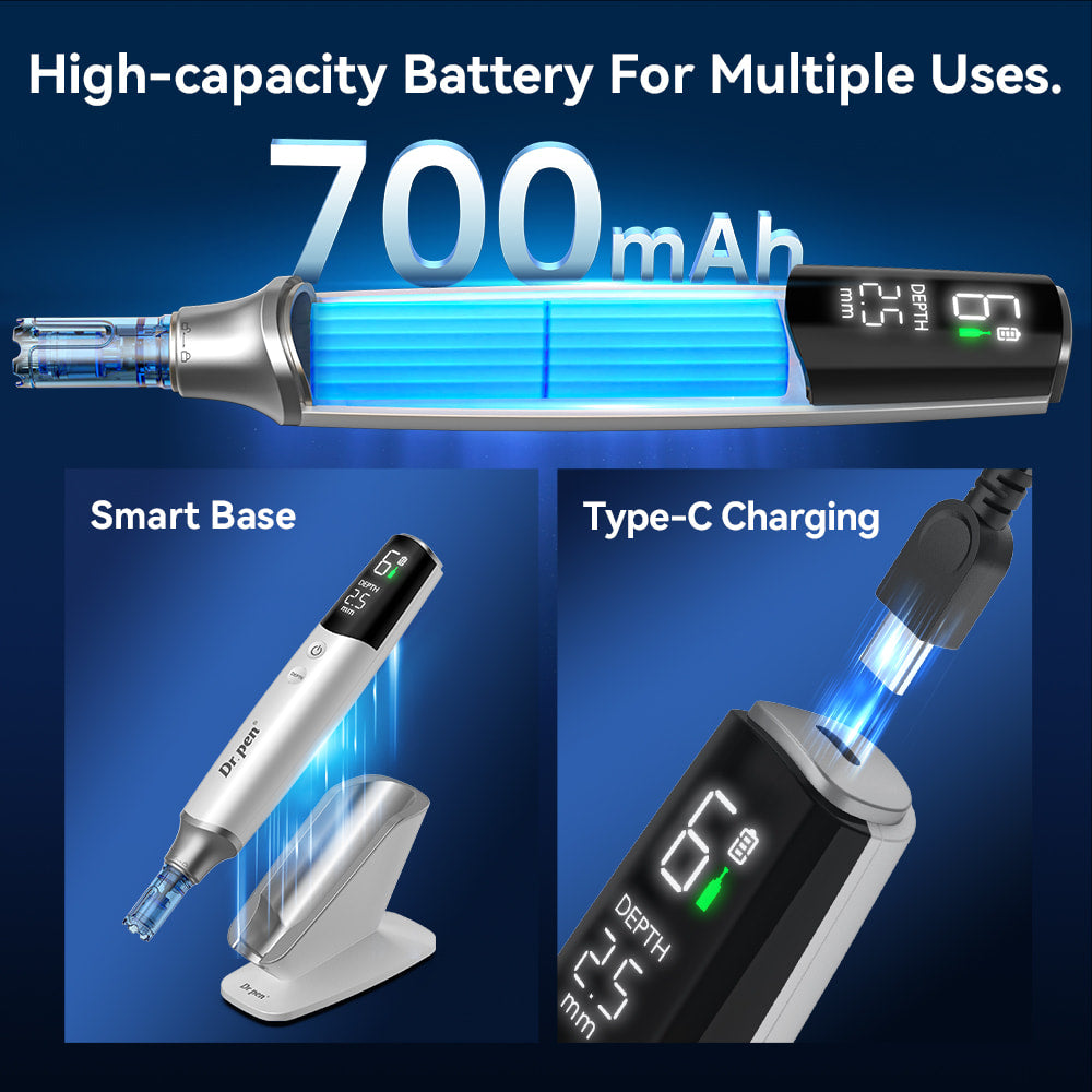 Dr. Pen M9 with powerful 700mAh battery, USB-C charging, and smart charging stand for wireless microneedling and long usage time.